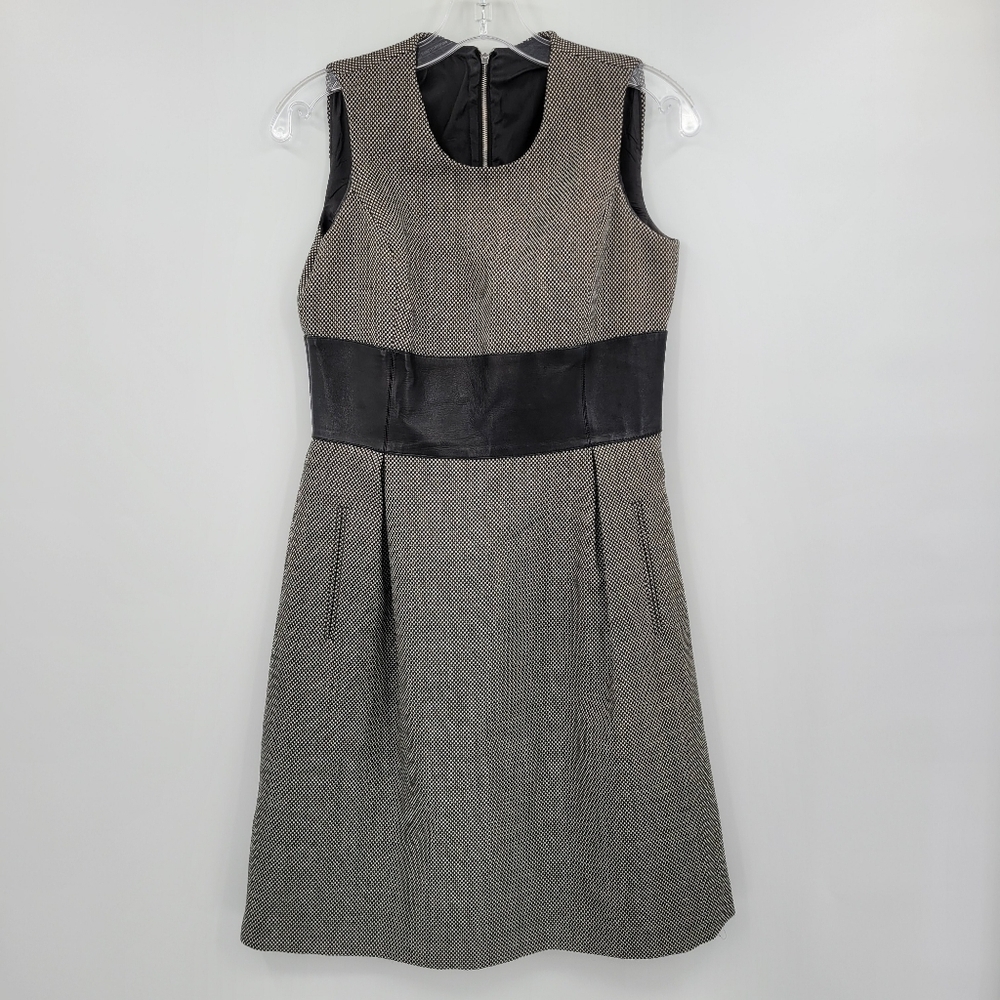 Michael Kors Collection Leather Waist Detail Virgin Wool Black White Dress